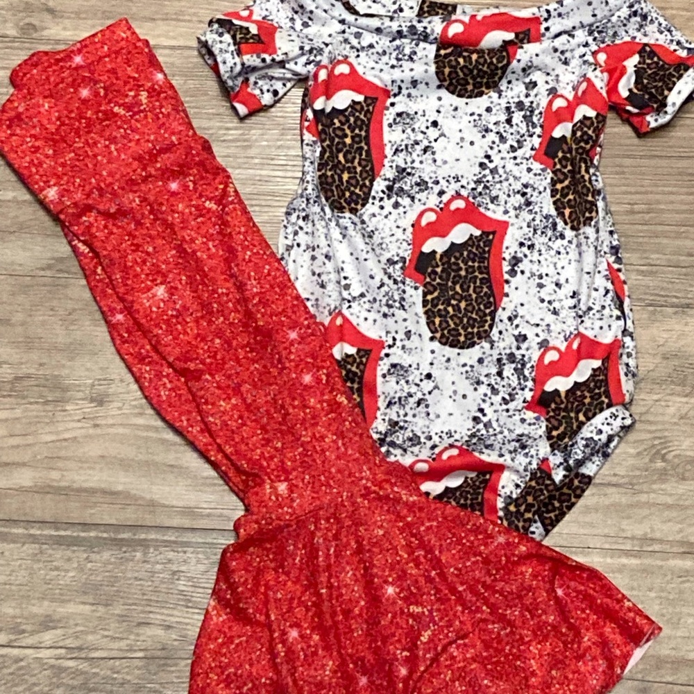 Rolling Stones off shoulder leotard and glitter Bell Bottoms 0-24 months
